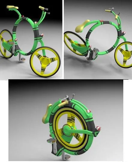 Concept renders of a green folding bicycle whose frame collapses into its wheel