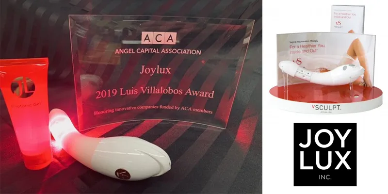 Joylux’s ACA 2019 Luis Villalobos Award plaque beside the vSculpt device, with its retail display and logo