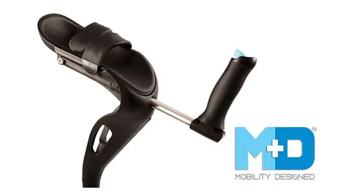 M+D crutch with elbow cradle and handgrip, with the Mobility Designed logo