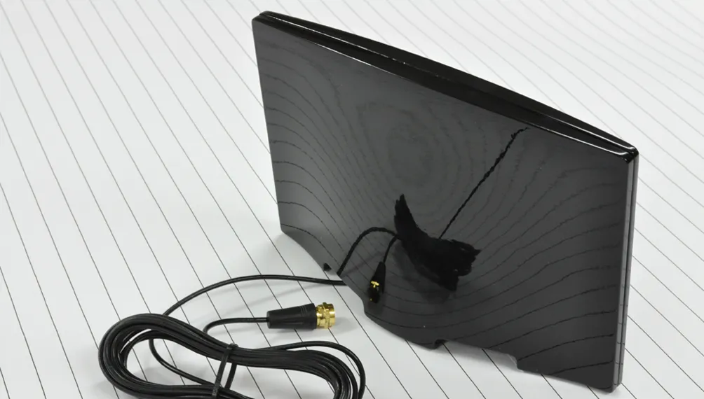 Back of the NorthVu HDTV antenna panel showing its coaxial cable and connector