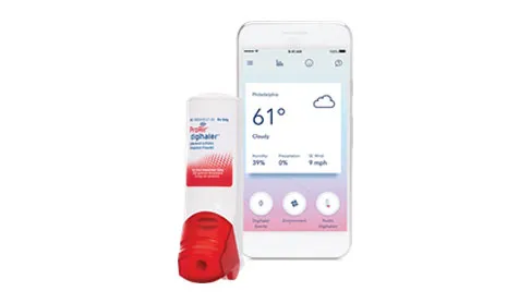 ProAir Digihaler inhaler beside a smartphone showing its companion app with local weather