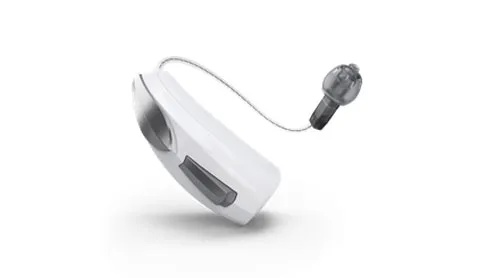 Starkey Livio AI behind-the-ear hearing aid in white with receiver wire