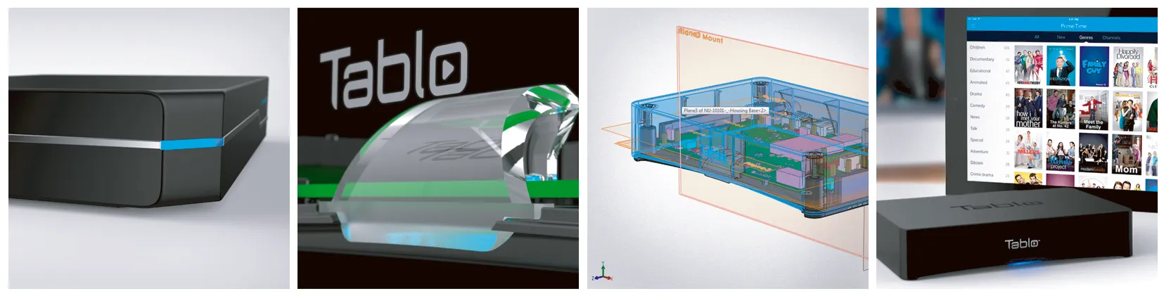 Four panels of the Tablo DVR: black enclosure, Tablo logo render, CAD cross-section and app on a tablet