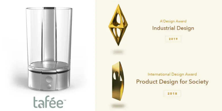 Tafée BOWLE vaporizer beside its 2019 A’Design Award and 2018 International Design Award trophies