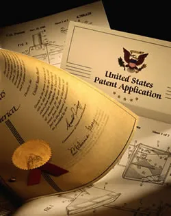 United States patent application document with a gold-sealed certificate and drawings