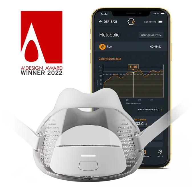 Calibre breath metabolic tracker mask with its phone app and A’Design Award Winner 2022 badge