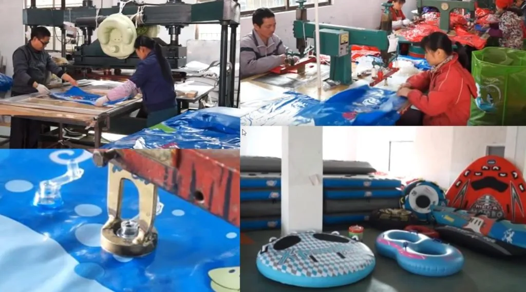 Four views of a Chinese factory heat-sealing vinyl and the finished inflatable pool products