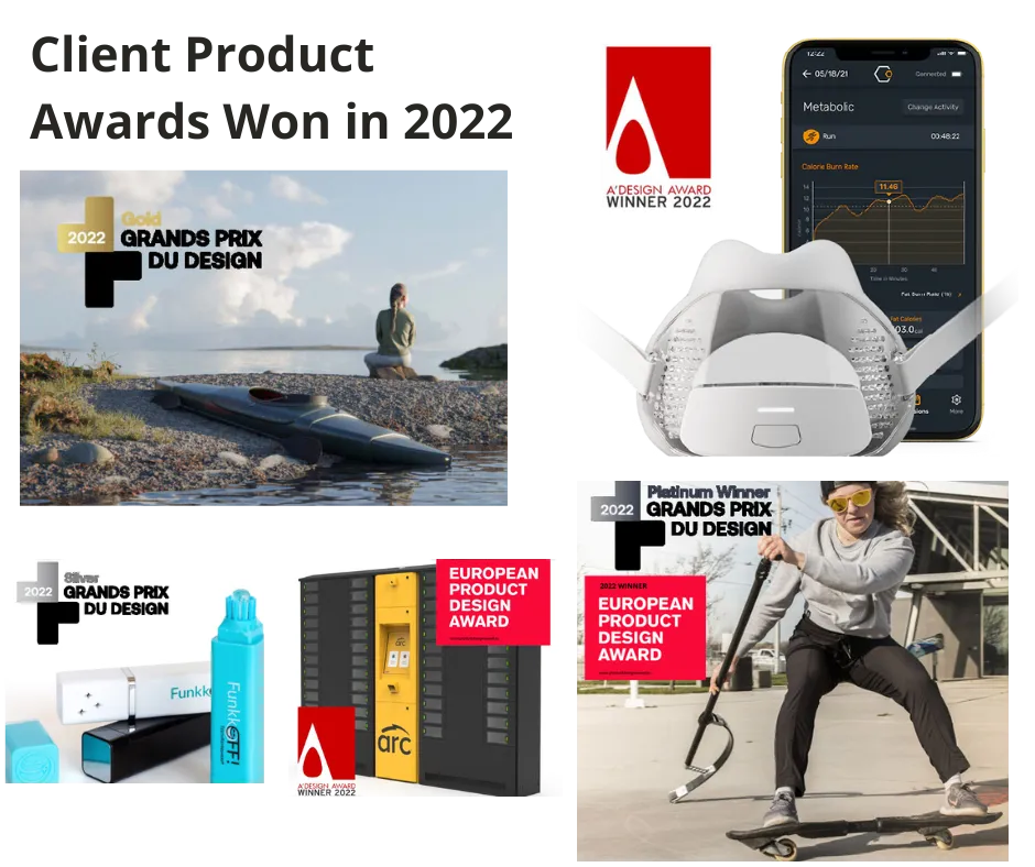 Collage of client product awards won in 2022, including Grands Prix du Design and A’ Design Award winners