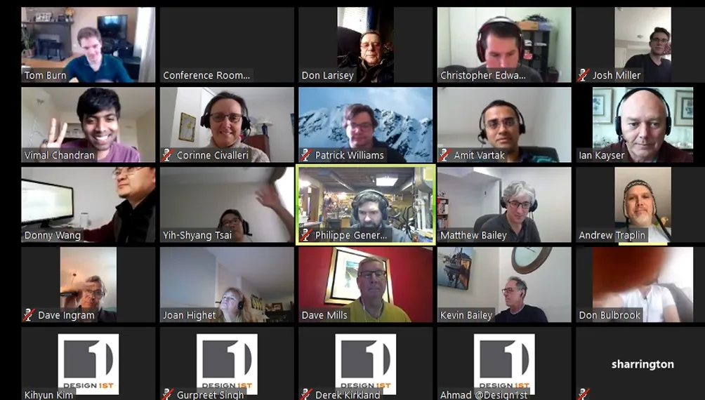 Grid of Design 1st team members on a company-wide video call while working remotely