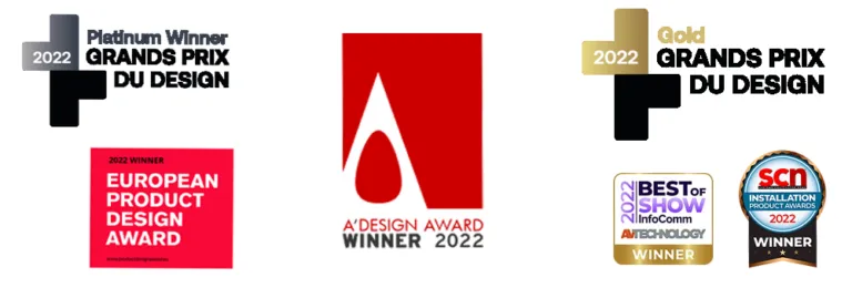 2022 award badges: Grands Prix du Design, A’ Design Award, European Product Design Award, InfoComm and SCN winners