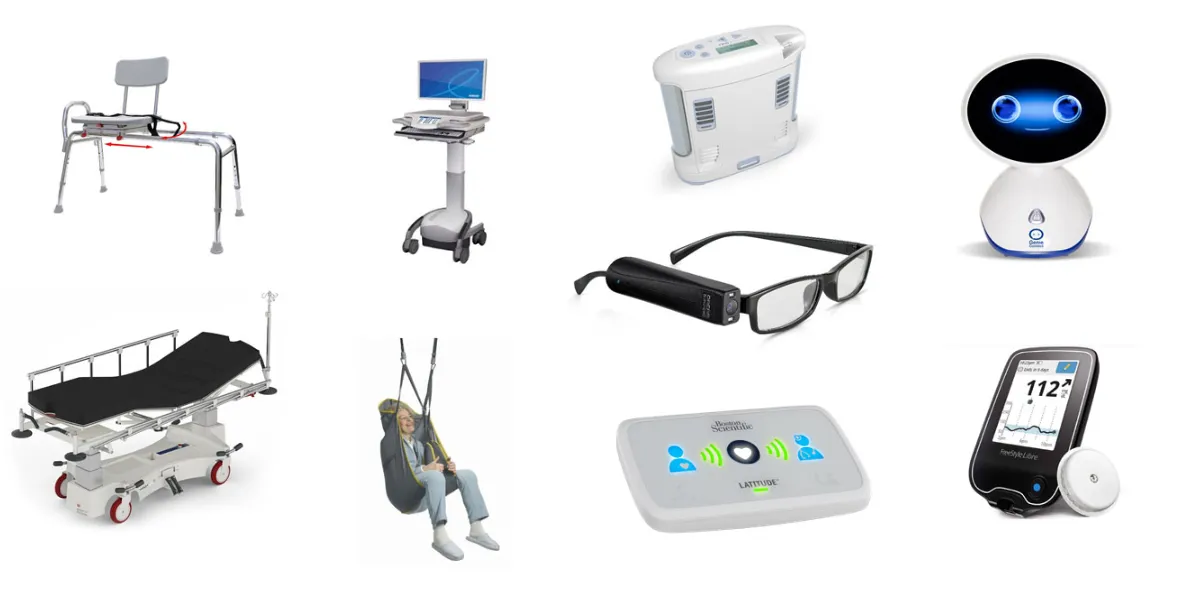 Collage of durable medical equipment: transfer bench, stretcher, patient lift sling, oxygen concentrator and monitors
