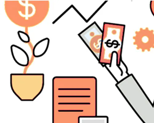 Illustration of a plant growing dollar signs, a hand holding cash and a document, representing funding