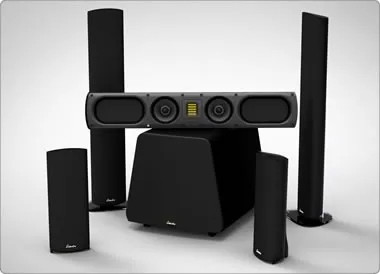 GoldenEar Technology home theatre speaker set with two tower speakers, centre channel and subwoofer