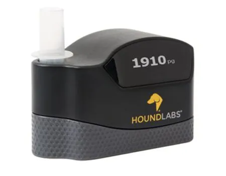 Hound Labs handheld cannabis THC breathalyzer with mouthpiece and digital readout