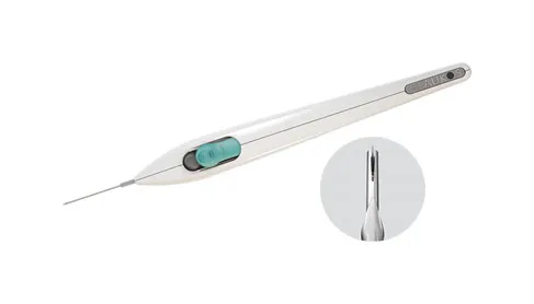 Glaukos iStent Inject injector with an inset view of the stent tip