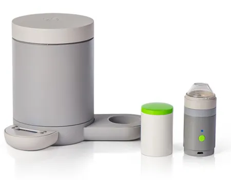 Kassi connected cannabis storage canister with scale tray, grinder and portable vaporizer