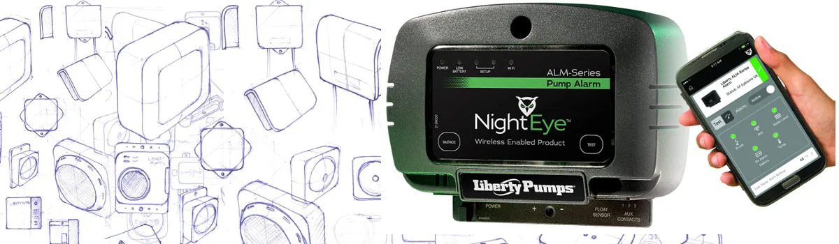 Liberty Pumps NightEye pump alarm beside its concept sketches and the companion app on a phone