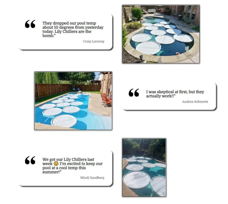 Customer testimonials for Lily Chillers beside photos of the discs floating in backyard pools