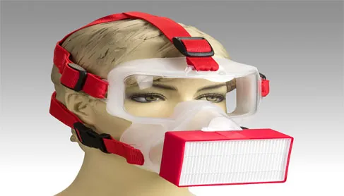 ViriMASK goggle respirator with a red filter cartridge on a mannequin head