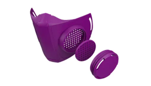 NanoHack purple 3D-printed mask with removable filter caps