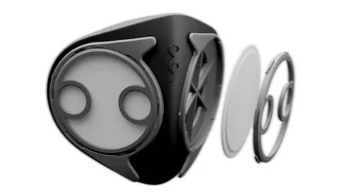 Breathe99 B2 mask exploded view showing its twin filter caps