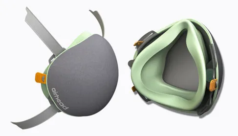 Airhead mask shown from the front and back in green and grey