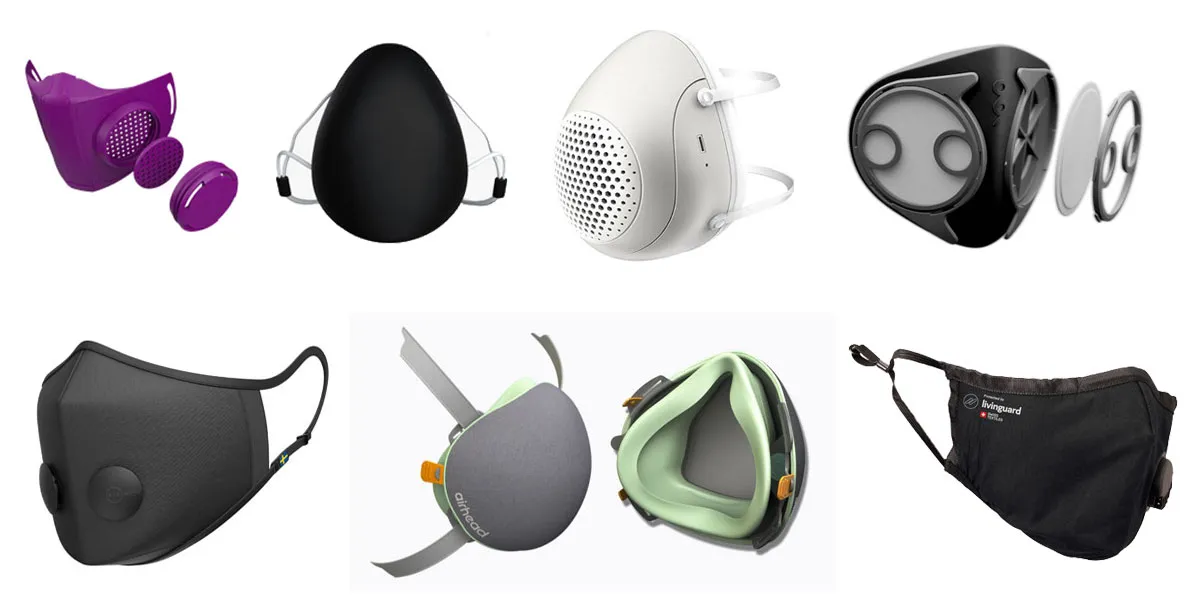 Collage of seven innovative face masks including the NanoHack, AirZ, B2, Urban Air, Airhead and Livinguard