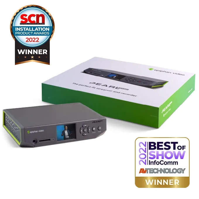 Epiphan Pearl Nano streamer with its box and 2022 SCN and InfoComm Best of Show winner badges