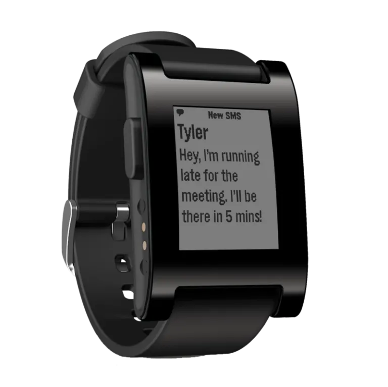 Black Pebble smartwatch showing a new SMS notification on its screen