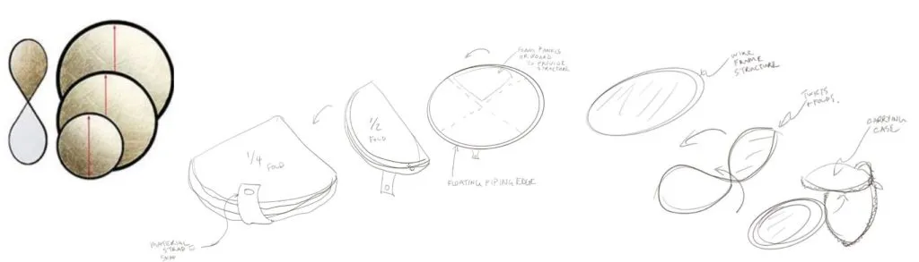 Concept sketches of folding pool cooler discs with a reflector-style fold and a carrying case