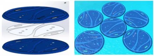 CAD renders of the layered pool cooler disc and six discs floating on water