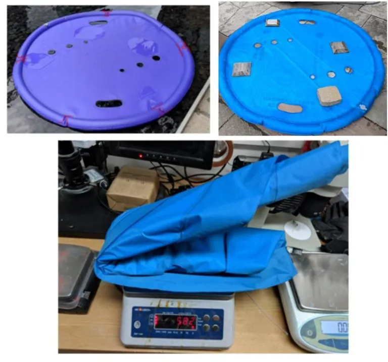 Purple and blue pool cooler prototypes floating in a pool and a folded unit on a scale