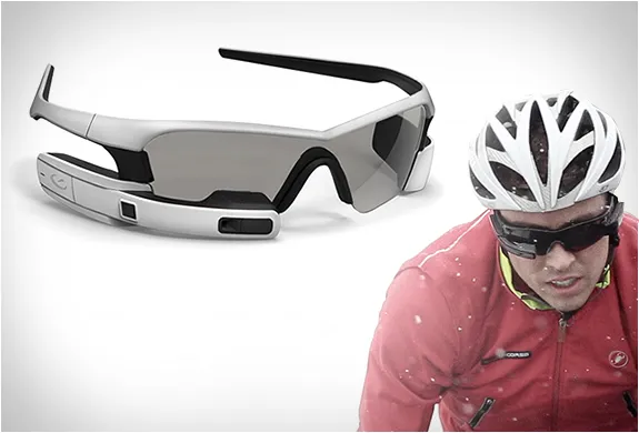 Recon Jet heads-up display sunglasses and a cyclist in a helmet wearing them