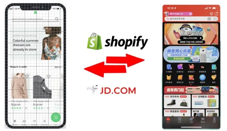 Shopify storefront app and JD.com app on two phones with arrows between the logos