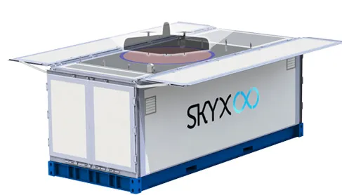 Rendering of the SkyX remote drone charging station, a container with open roof panels and landing pad