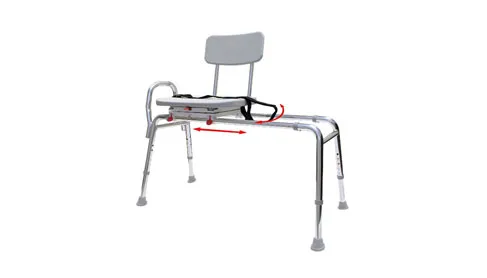 Eagle Health swivel sliding transfer bench with grey seat and backrest and a red slide arrow