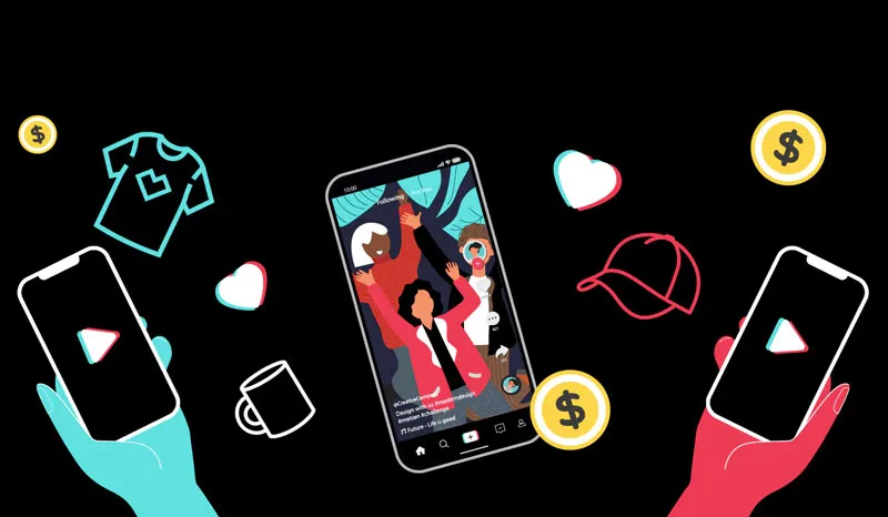 Illustration of hands holding phones around a TikTok video with shirt, cap, mug and coin icons