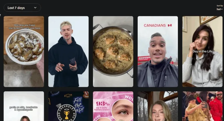 Screenshot of the TikTok trend discovery tool showing a grid of trending videos from the last 7 days