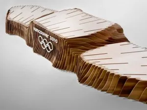 Vancouver 2010 Olympic podium made of layered wood with the Olympic rings