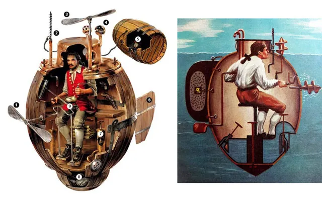 Cutaway illustrations of an 18th-century one-man barrel submarine with hand-cranked propellers