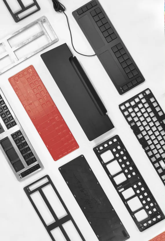 Cloud9 trading keyboard prototype parts: housings, frames, keypads and a red button membrane