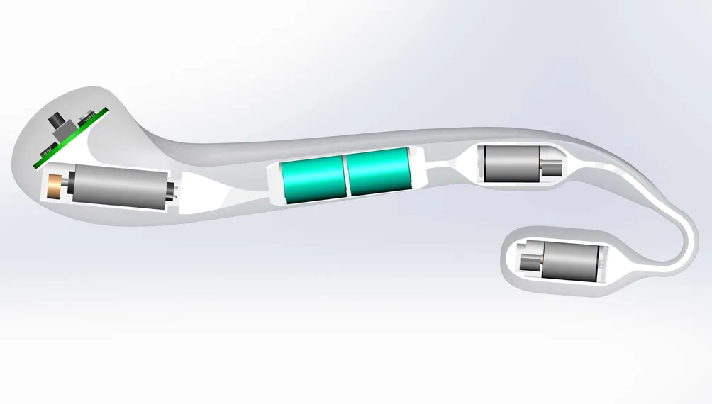 Cross-section CAD render of the Blue Dreams Feather showing batteries, motors and circuit board