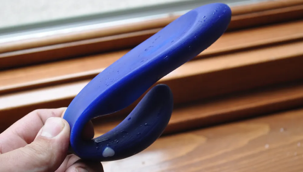 Hand holding a blue functional prototype of the Blue Dreams Feather massager