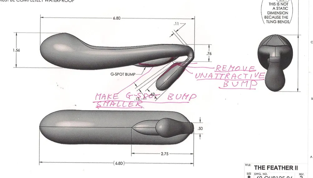 Dimensioned manufacturing drawing of the Feather II with handwritten shape revision notes
