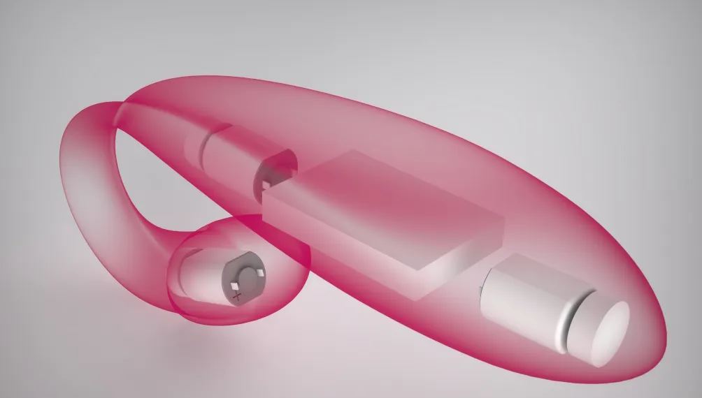 Translucent pink CAD render of the Blue Dreams Feather showing its internal motors and battery