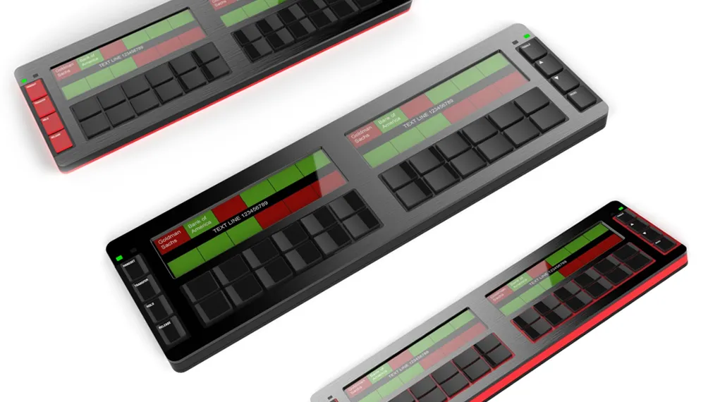 Renders of Cloud9 trading keyboard concepts with two colour displays and button grids