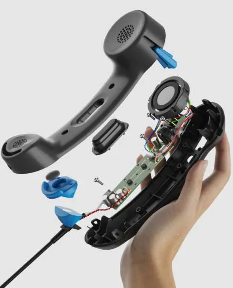 Exploded view of the Cloud9 handset held in a hand, showing speaker, circuit board and wiring