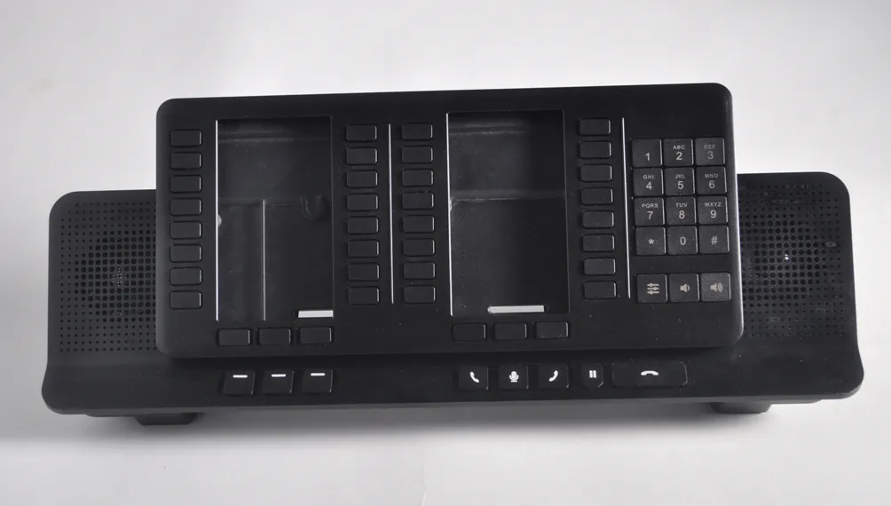 Black Cloud9 CloudHub prototype housing with keypad and speaker grilles, screens not yet fitted