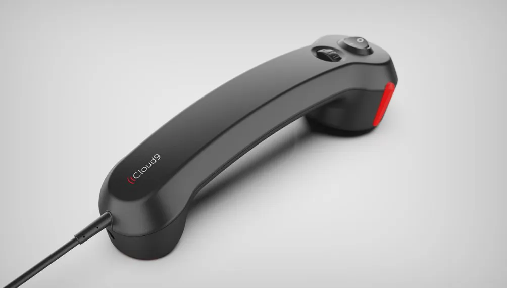 Render of the black Cloud9 handset with a push-to-talk switch and cable