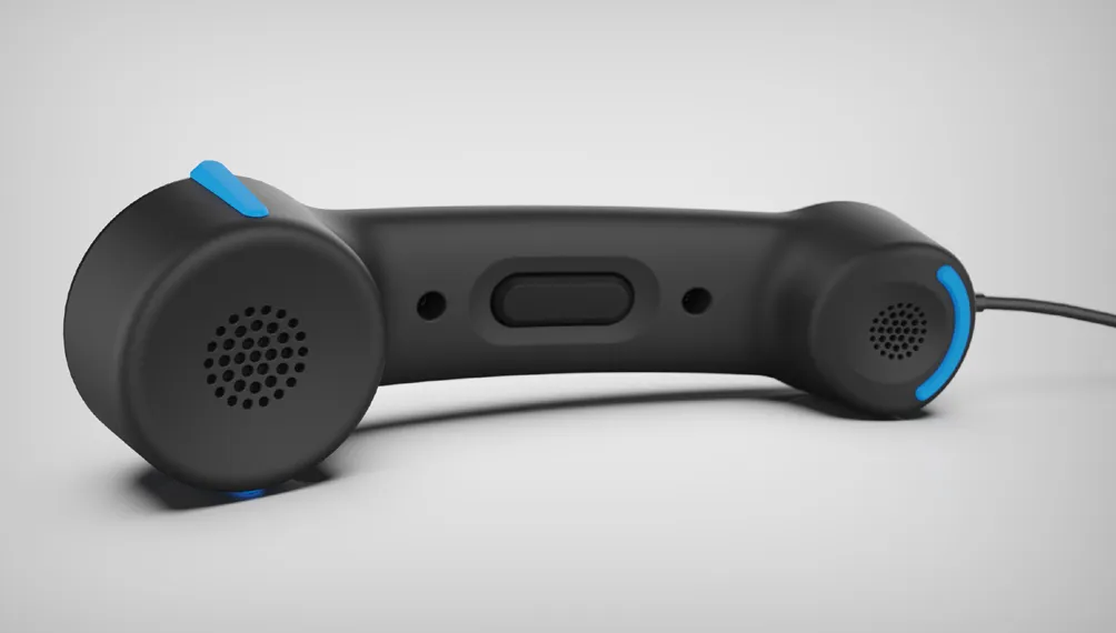 Render of the Cloud9 handset showing speaker and microphone grilles with blue accents